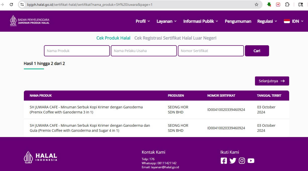 Bukti Sertifikat Halal BPJPH Kopi Juwara SH Juwara Cafe 3 in 1 dan 4 in 1