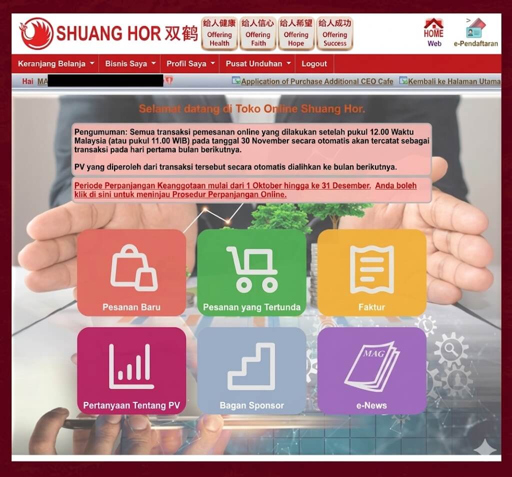 halaman member Area utama setelah login Shuang Hor