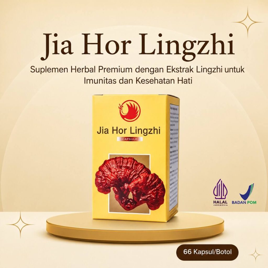 Produk Jia Hor Lingzhi dari PT Shuang Hor Indonesia, suplemen herbal premium dengan ekstrak Lingzhi murni untuk imunitas dan kesehatan hati. Gambar kemasan kotak kuning emas Jia Hor Lingzhi Capsule isi 66 kapsul per botol yang telah dilengkapi sertifikasi resmi logo Halal Indonesia dan Badan POM.