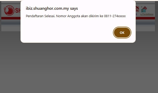 Gambar Notifikasi pendaftaran member Shuang Hor Selesai