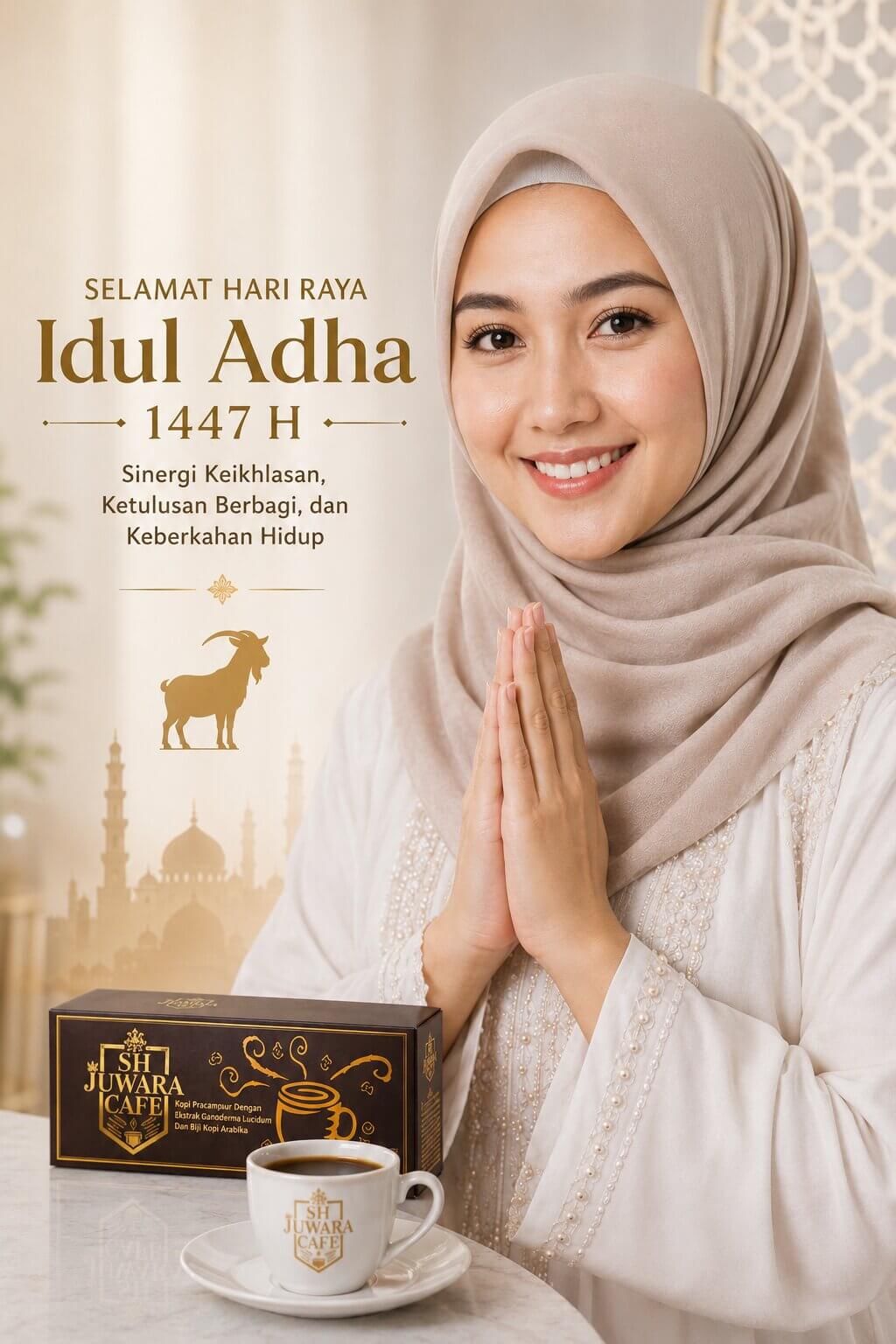 Model wanita berhijab dan produk kopi herbal di poster ucapan Idul Adha 1447 H SH Juwara Cafe untuk seluruh pelanggan setia.