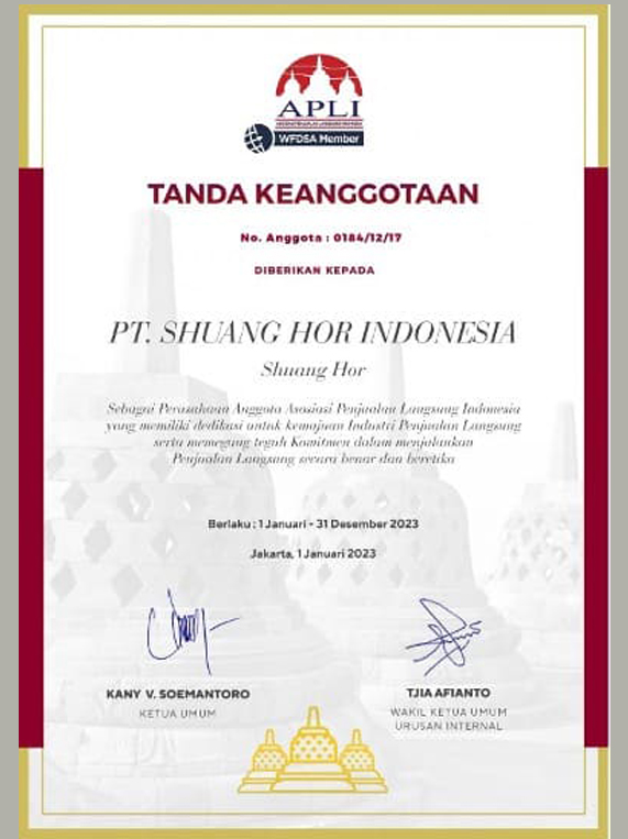 Sertifikat PT Shuang Hor Indonesia sebagai anggota inti dari APLI (Asosiasi Penjualan Langsung Indonesia).