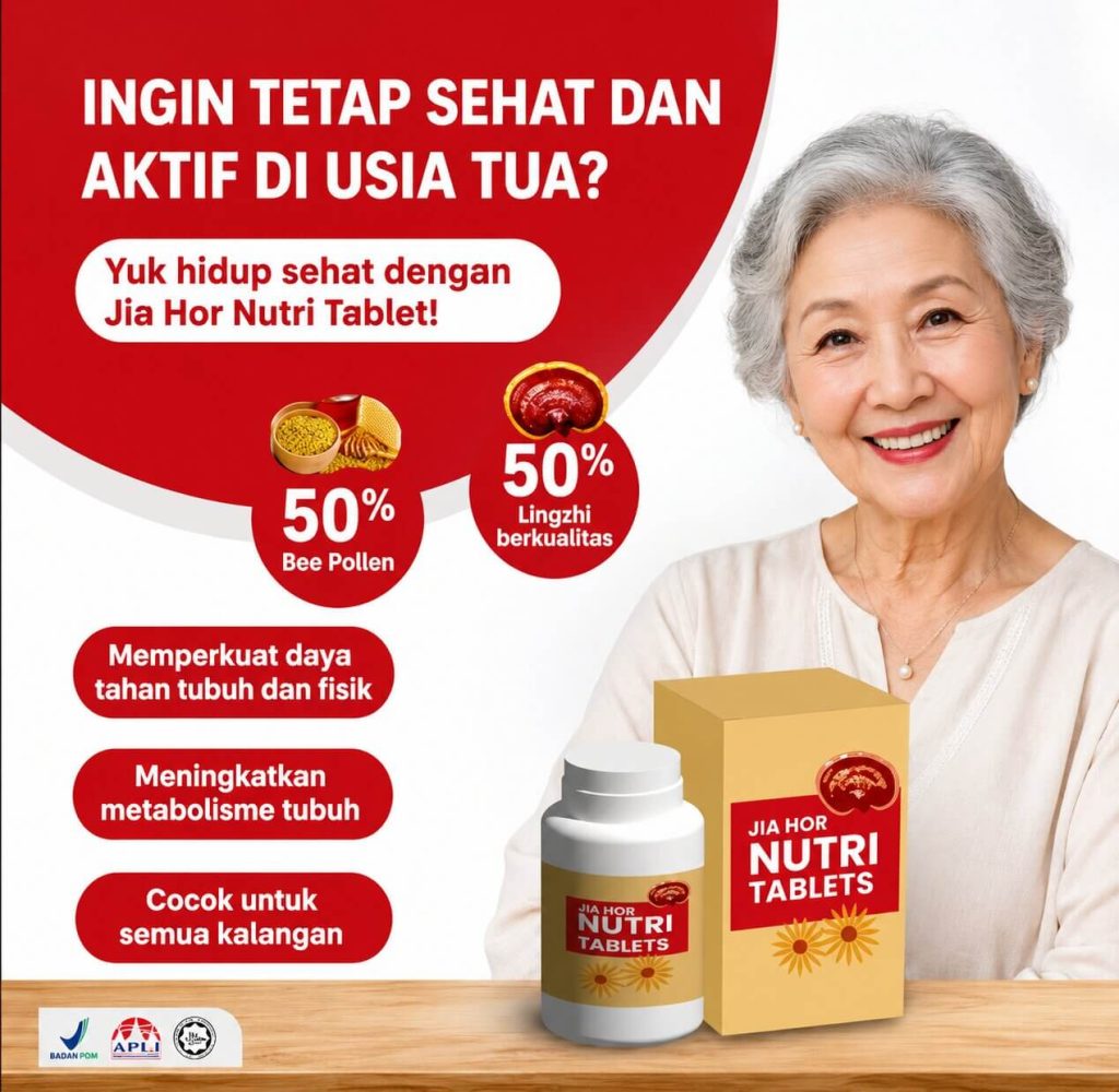 Infografis manfaat suplemen Jia Hor Nutri Tablets dari PT Shuang Hor Indonesia untuk menjaga tubuh tetap sehat dan aktif di usia tua. Gambar menampilkan wanita lansia yang tersenyum sehat dengan botol produk berlogo resmi Badan POM, APLI, dan Halal yang mengandung formulasi seimbang 50% Bee Pollen alami serta 50% Lingzhi berkualitas untuk memperkuat daya tahan tubuh dan fisik.