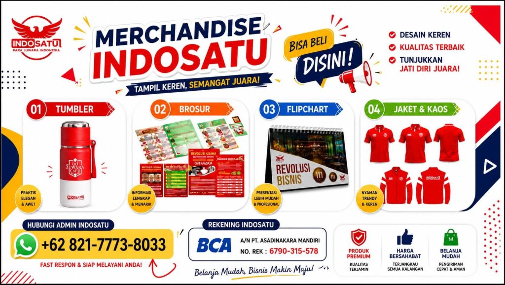 Slide merchandise tim INDOSATU untuk mendukung branding offline dalam bisnis Shuang Hor. Menampilkan tumbler, brosur, flipchart, jaket, dan kaos dengan desain keren dan kualitas terbaik. Digunakan sebagai alat promosi dan penguatan identitas tim Para Juwara Indonesia.