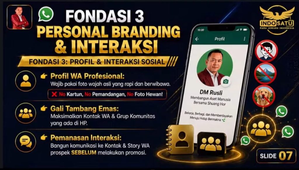 Slide fondasi ketiga yaitu Personal Branding dan Interaksi Sosial dalam WhatsApp Marketing. Menekankan penggunaan foto profil wajah asli yang profesional, memaksimalkan kontak di HP sebagai tambang emas, serta membangun komunikasi hangat sebelum melakukan promosi bisnis Shuang Hor.
