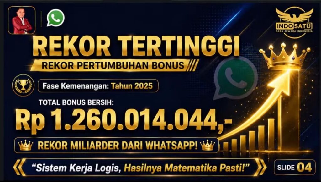 Slide rekor tertinggi Pak Rusli di tahun 2025. Total bonus bersih mencapai Rp1.260.014.044 atau 1,26 miliar rupiah dari bisnis Shuang Hor. Ini adalah bukti nyata bahwa sistem kerja logis dan WhatsApp Marketing yang konsisten menghasilkan keuntungan miliaran rupiah dari rumah.